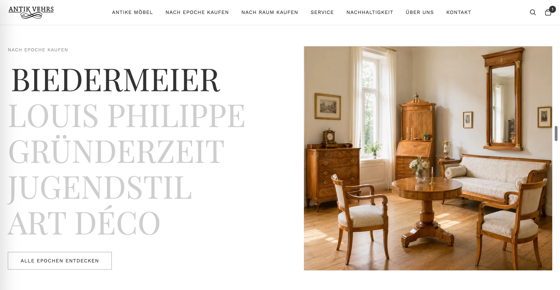 Antik Vehrs online store showing Biedermeier furniture and navigation by era and room