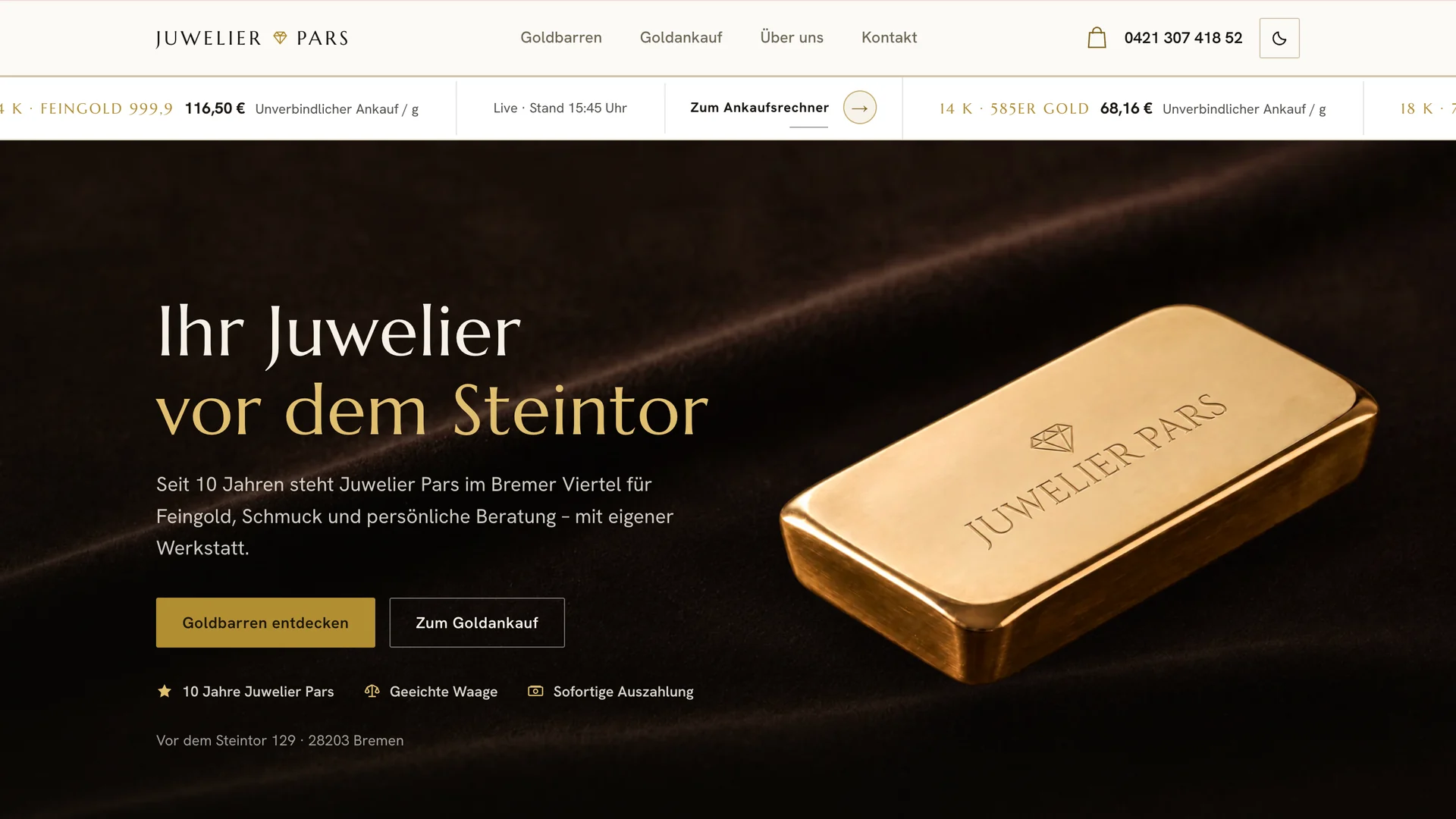 Juwelier Pars website with gold bars, gold purchasing and current precious-metal prices