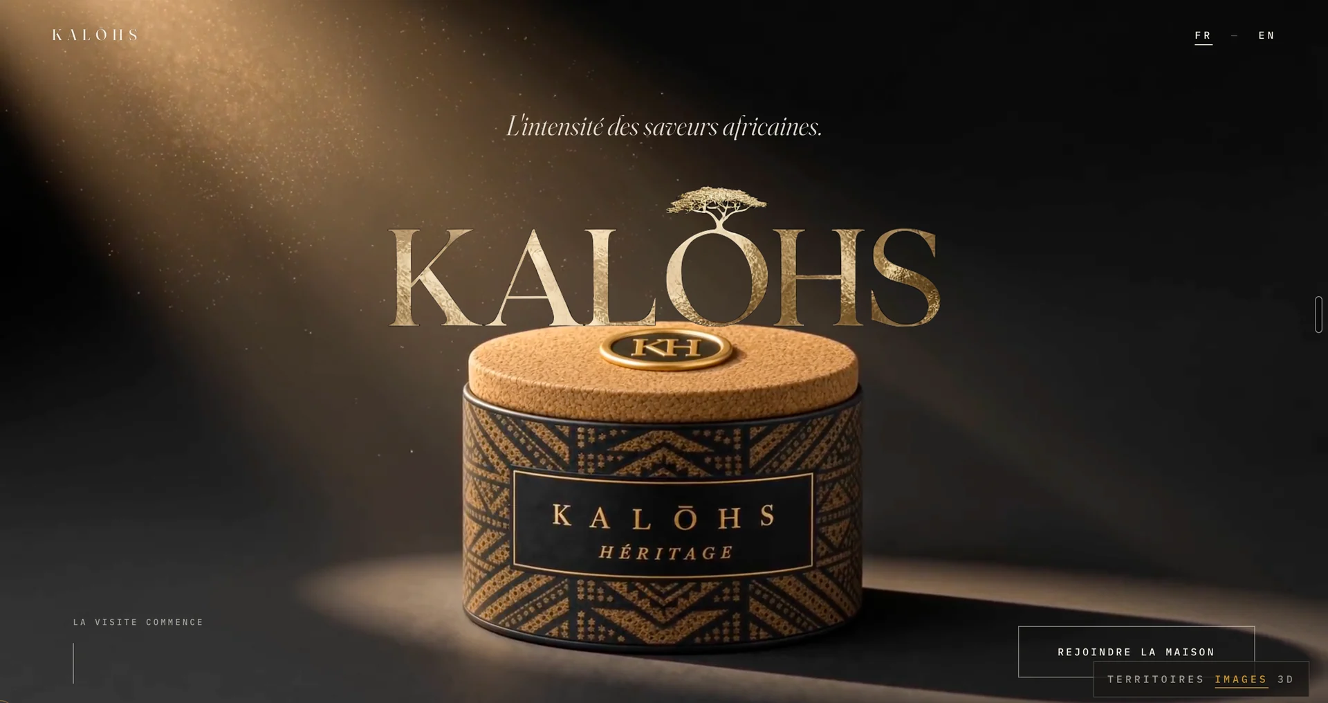 Kalōhs brand website with a gold wordmark and a black product tin in warm light