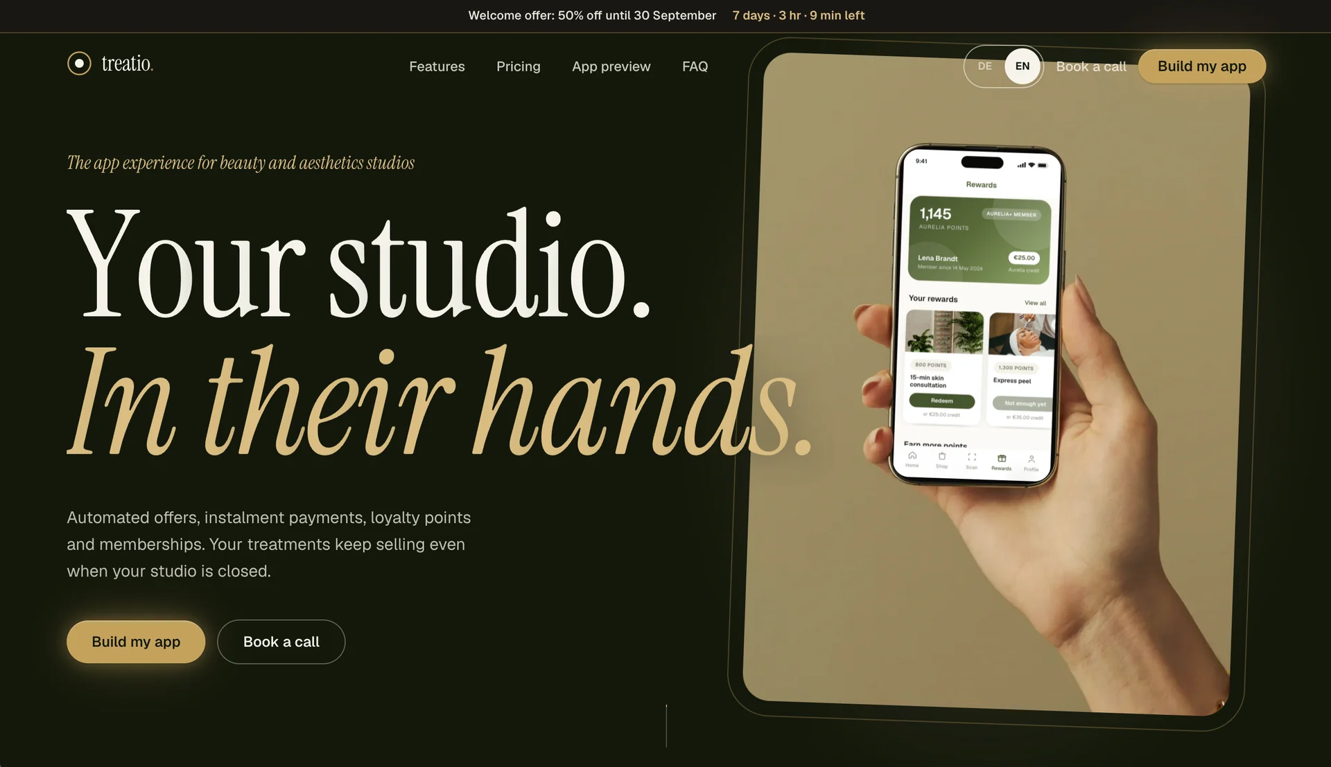 treat.io product website with an app preview for beauty studios